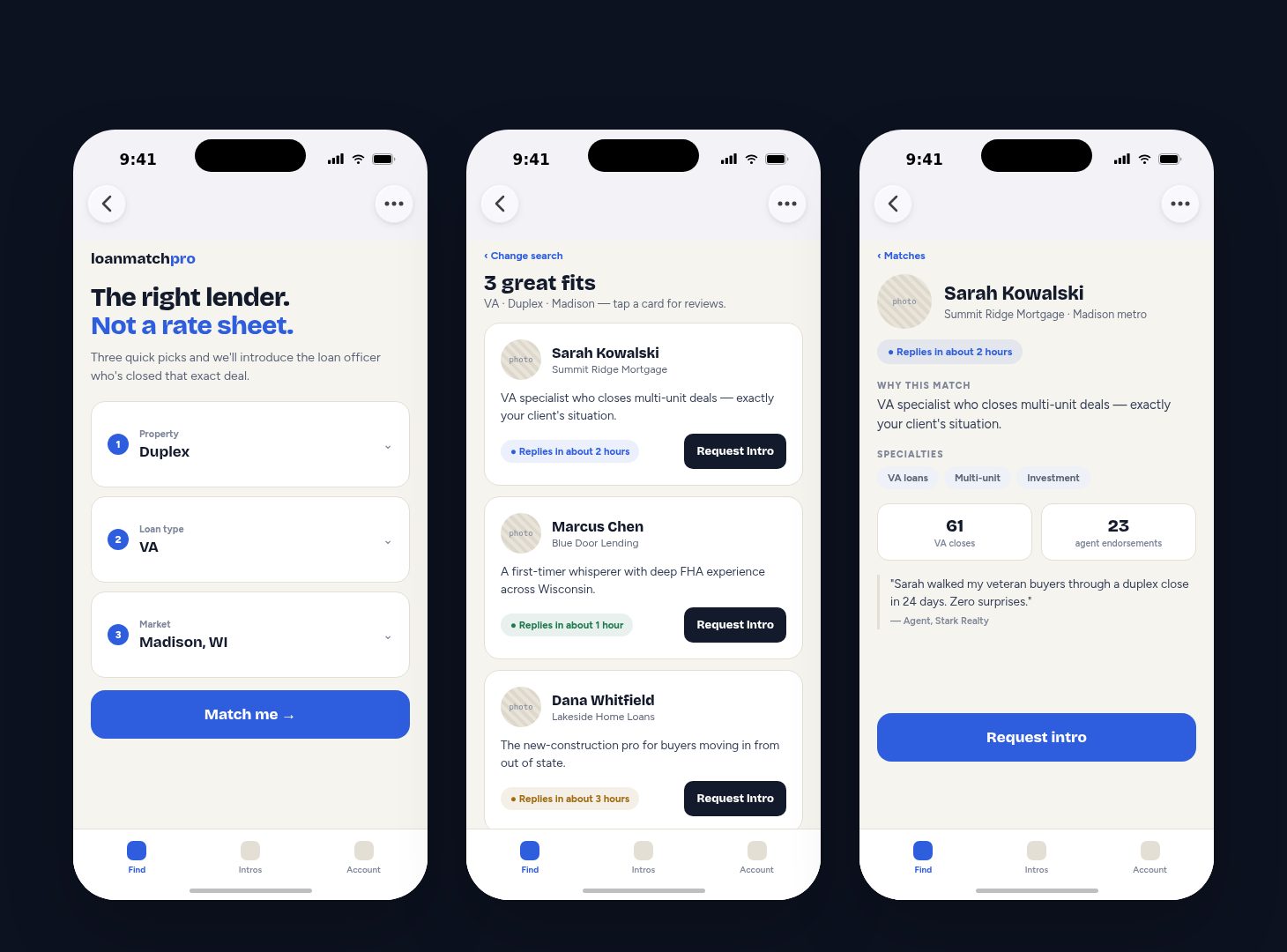 Loan Match Pro on three phones: property details, three matched lenders, a lender profile